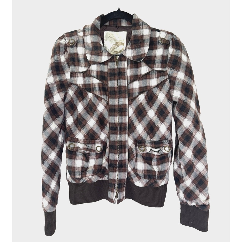 VTG Y2K Fusion Denim Plaid Bomber Jacket M Brown Lined Retro 90s Preppy Street